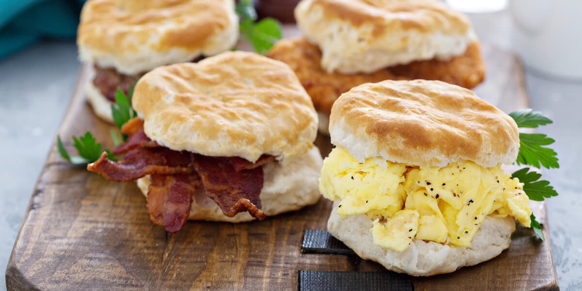 Breakfast biscuits with soft scrambled eggs and bacon